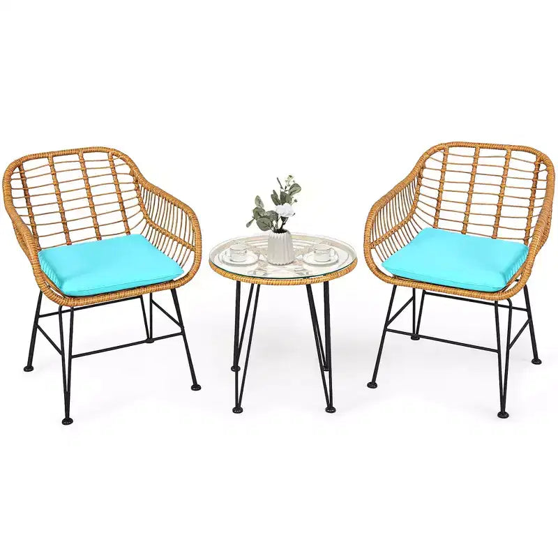 Costway Ensemble de Meubles de Bistro 3 Pièces en Rotin pour Patio avec Chaises Coussins et Table