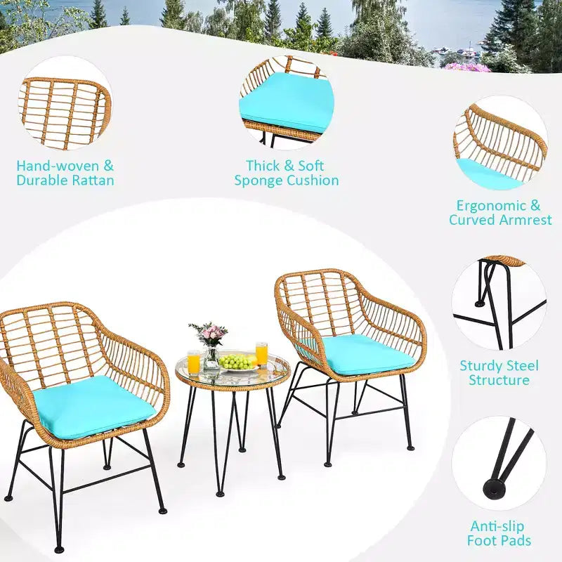 Costway Ensemble de Meubles de Bistro 3 Pièces en Rotin pour Patio avec Chaises Coussins et Table