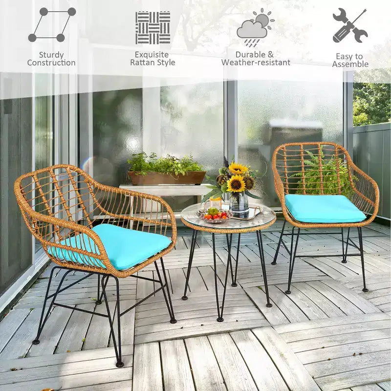Costway Ensemble de Meubles de Bistro 3 Pièces en Rotin pour Patio avec Chaises Coussins et Table