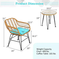 Costway Ensemble de Meubles de Bistro 3 Pièces en Rotin pour Patio avec Chaises Coussins et Table