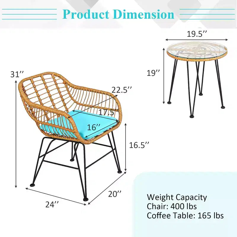 Costway Ensemble de Meubles de Bistro 3 Pièces en Rotin pour Patio avec Chaises Coussins et Table