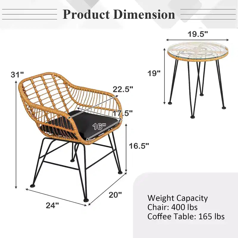 Costway Ensemble de Meubles de Bistro 3 Pièces en Rotin pour Patio avec Chaises Coussins et Table