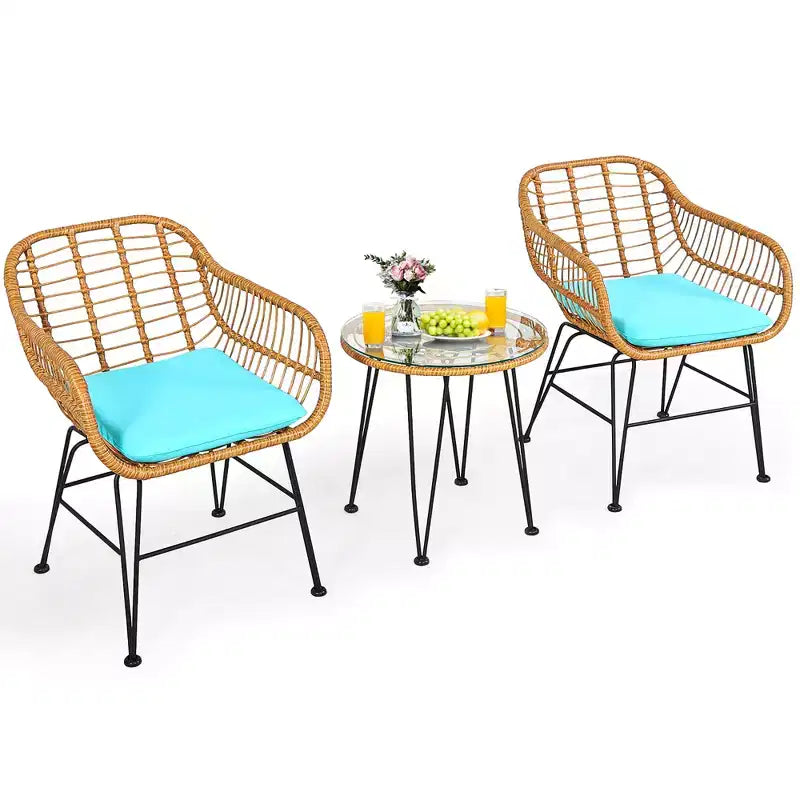 Costway Ensemble de Meubles de Bistro 3 Pièces en Rotin pour Patio avec Chaises Coussins et Table