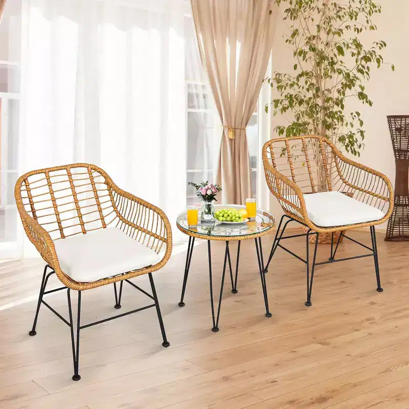 Costway Ensemble de Meubles de Bistro 3 Pièces en Rotin pour Patio avec Chaises Coussins et Table