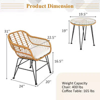 Costway Ensemble de Meubles de Bistro 3 Pièces en Rotin pour Patio avec Chaises Coussins et Table