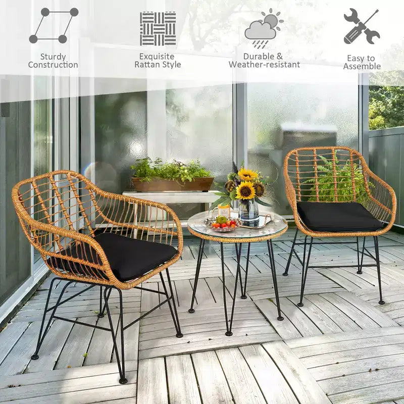 Costway Ensemble de Meubles de Bistro 3 Pièces en Rotin pour Patio avec Chaises Coussins et Table