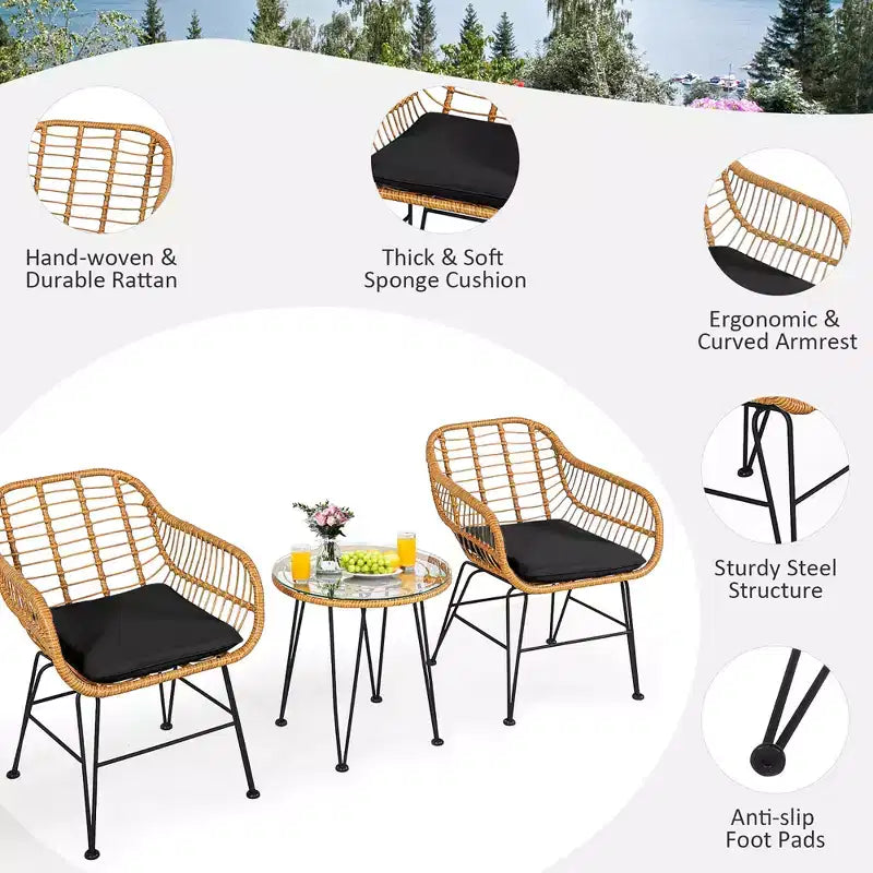 Costway Ensemble de Meubles de Bistro 3 Pièces en Rotin pour Patio avec Chaises Coussins et Table