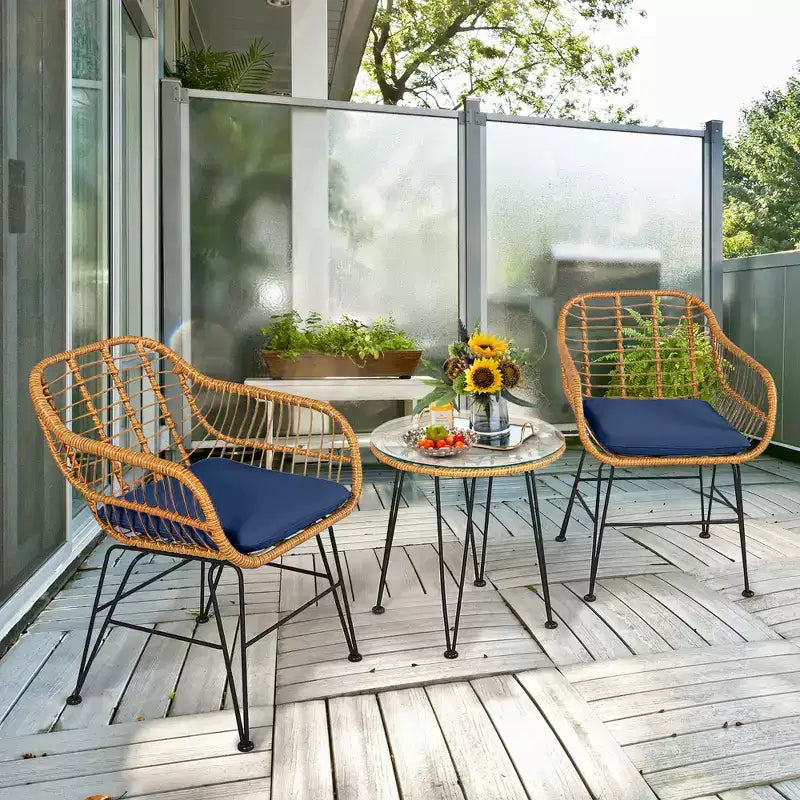 Costway Ensemble de Meubles de Bistro 3 Pièces en Rotin pour Patio avec Chaises Coussins et Table