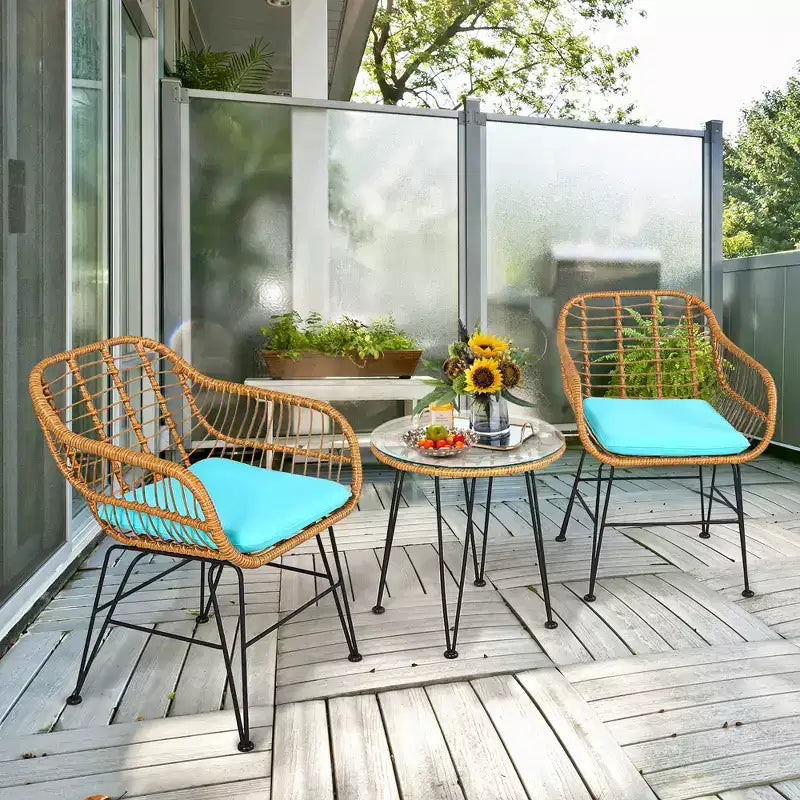 Costway Ensemble de Meubles de Bistro 3 Pièces en Rotin pour Patio avec Chaises Coussins et Table