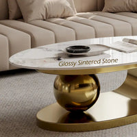 Table basse ovale moderne Pandora 51 avec plateau en pierre frittée brillante, table basse de luxe, pieds en acier inoxydable pour salon