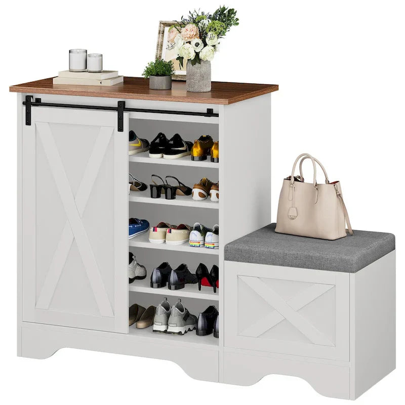 Meuble à chaussures farmhouse avec porte coulissante, banc à chaussures, meuble de rangement à 5 niveaux avec étagères réglables pour 20 paires