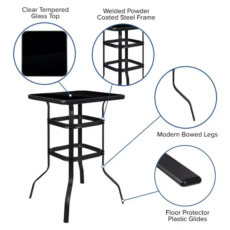 Flash Furniture Ensemble de repas d'extérieur - ensemble bistro 2 personnes - table de bar en verre d'extérieur avec tabourets de patio toutes saisons
