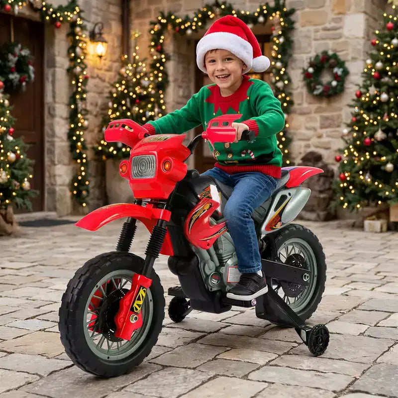 Moto cross Aosom 6V pour enfants, moto électrique, tout-terrain avec roues d'apprentissage, musique et lumières, pour 5-8 ans, rouge