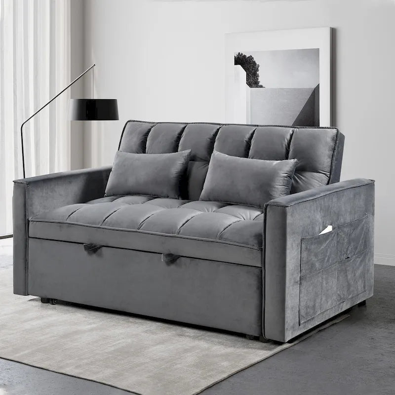 Causeuse de futon moderne en velours avec dossier inclinable et poches, 2 places – Gris foncé / Gris clair / Bleu / Noir