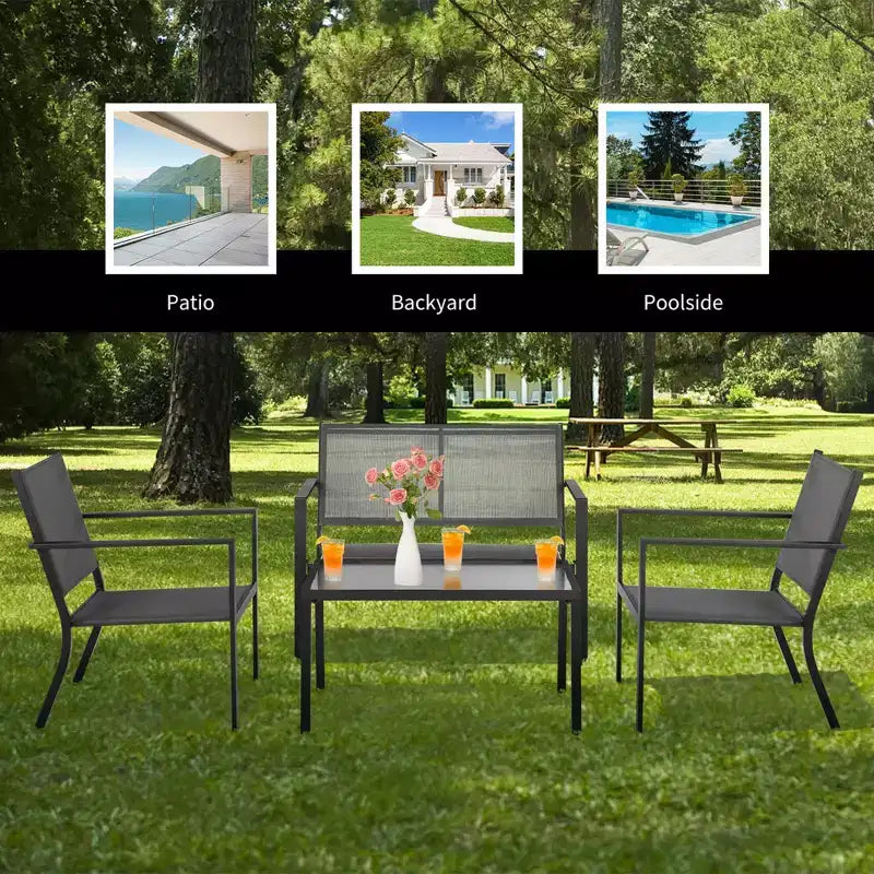Costway Ensemble de Meubles de Jardin 4 Pièces Canapé Table Basse Cadre en Acier