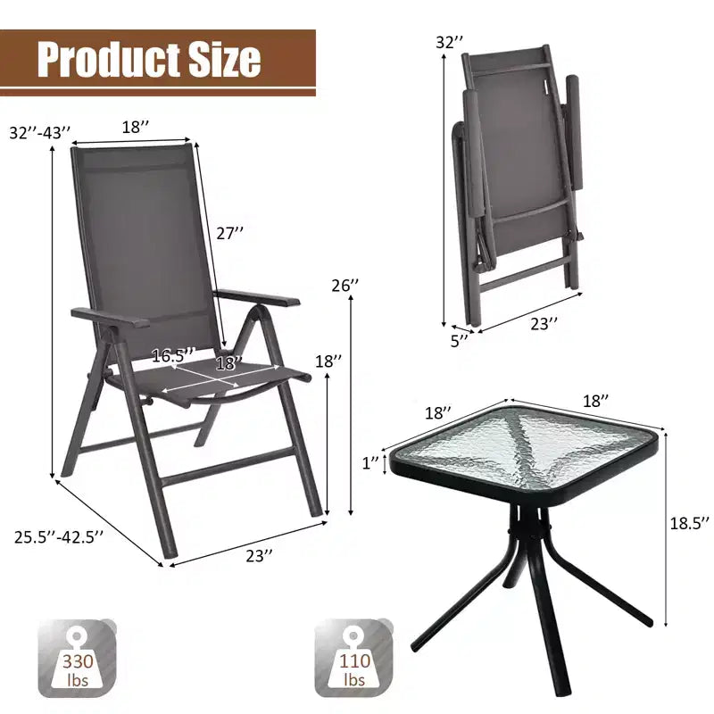 Costway Ensemble Bistrot 3 Pièces Chaises Pliantes Réglables Table Carrée en Verre Jardin