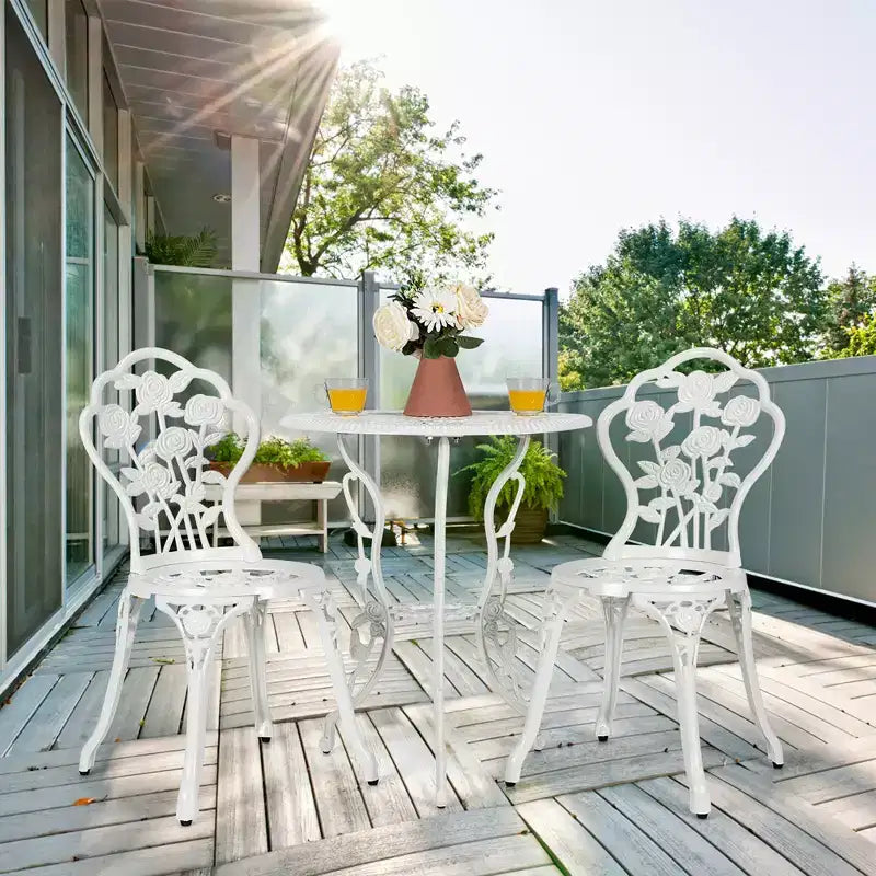 Costway Ensemble de Meubles de Bistro de Patio 3 Pièces en Aluminium Moulé Motif Rose Blanc Extérieur