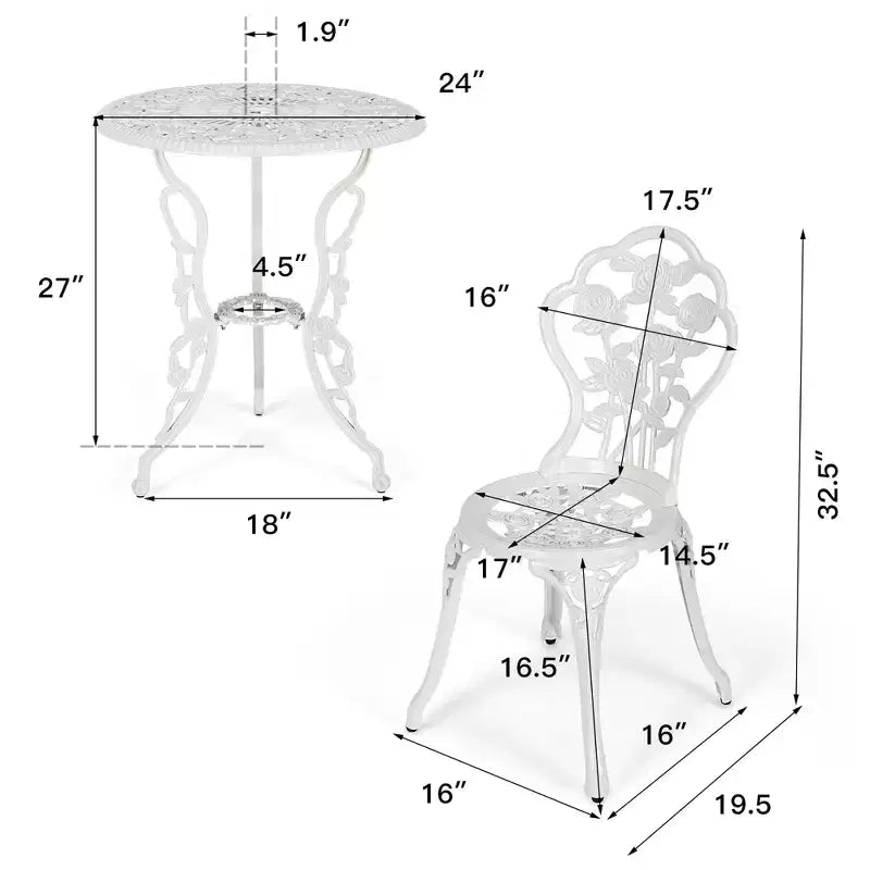 Costway Ensemble de Meubles de Bistro de Patio 3 Pièces en Aluminium Moulé Motif Rose Blanc Extérieur
