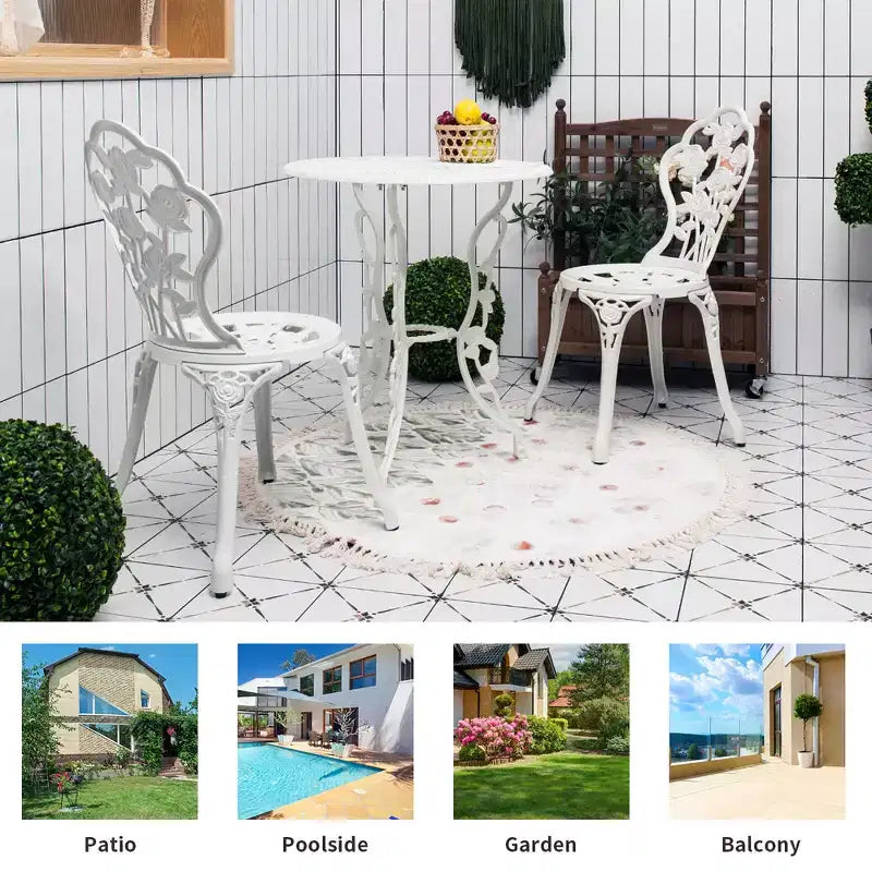 Costway Ensemble de Meubles de Bistro de Patio 3 Pièces en Aluminium Moulé Motif Rose Blanc Extérieur