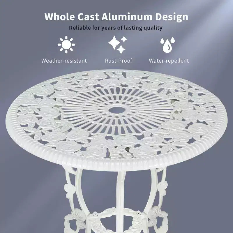 Costway Ensemble de Meubles de Bistro de Patio 3 Pièces en Aluminium Moulé Motif Rose Blanc Extérieur