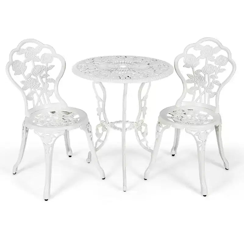 Costway Ensemble de Meubles de Bistro de Patio 3 Pièces en Aluminium Moulé Motif Rose Blanc Extérieur