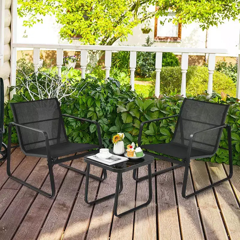 Costway Ensemble mobilier de bistrot 3 pièces pour terrasse, table à plateau en verre, jardin, noir