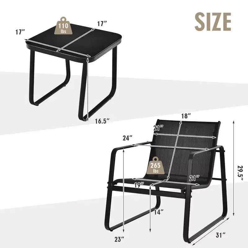 Costway Ensemble mobilier de bistrot 3 pièces pour terrasse, table à plateau en verre, jardin, noir