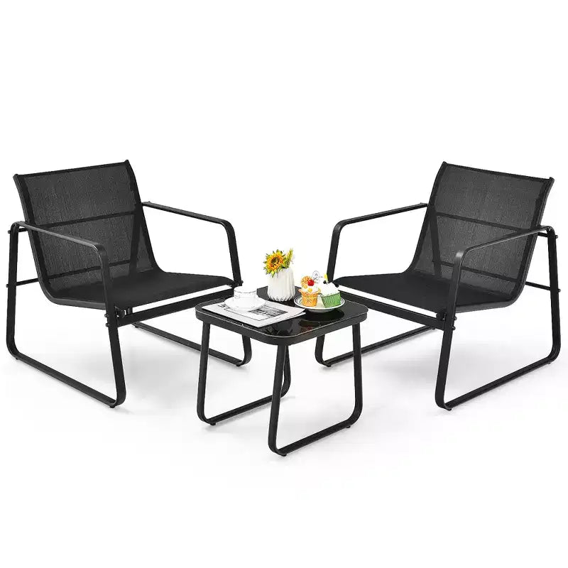 Costway Ensemble mobilier de bistrot 3 pièces pour terrasse, table à plateau en verre, jardin, noir