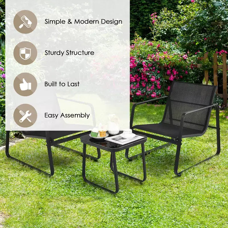 Costway Ensemble mobilier de bistrot 3 pièces pour terrasse, table à plateau en verre, jardin, noir