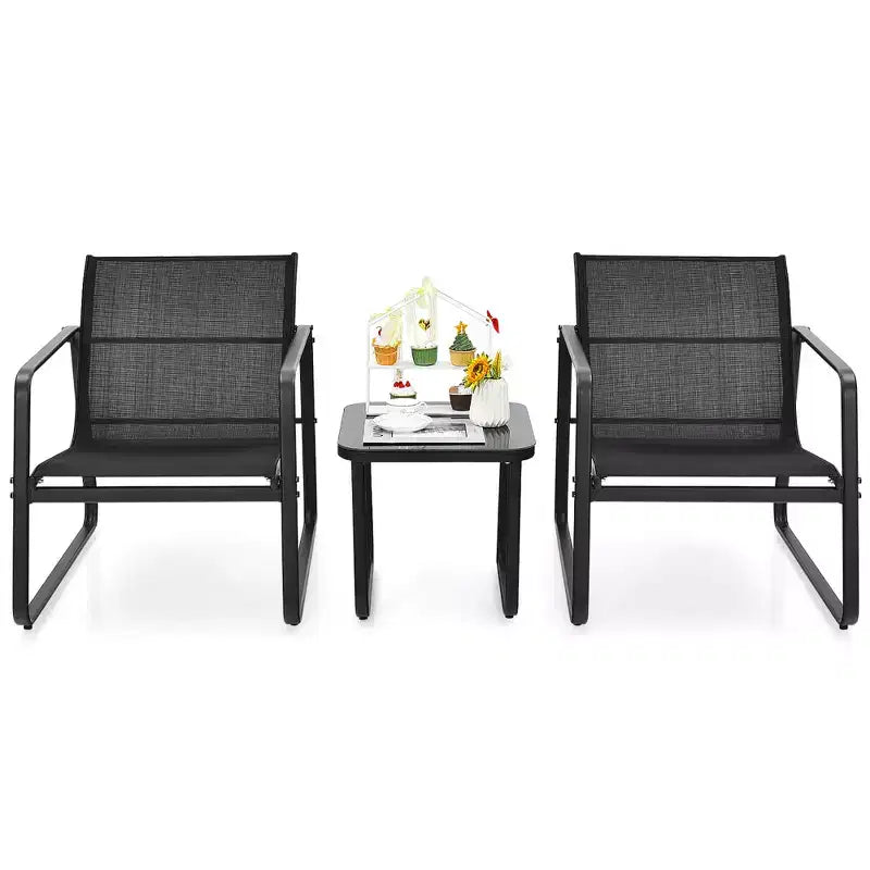 Costway Ensemble mobilier de bistrot 3 pièces pour terrasse, table à plateau en verre, jardin, noir