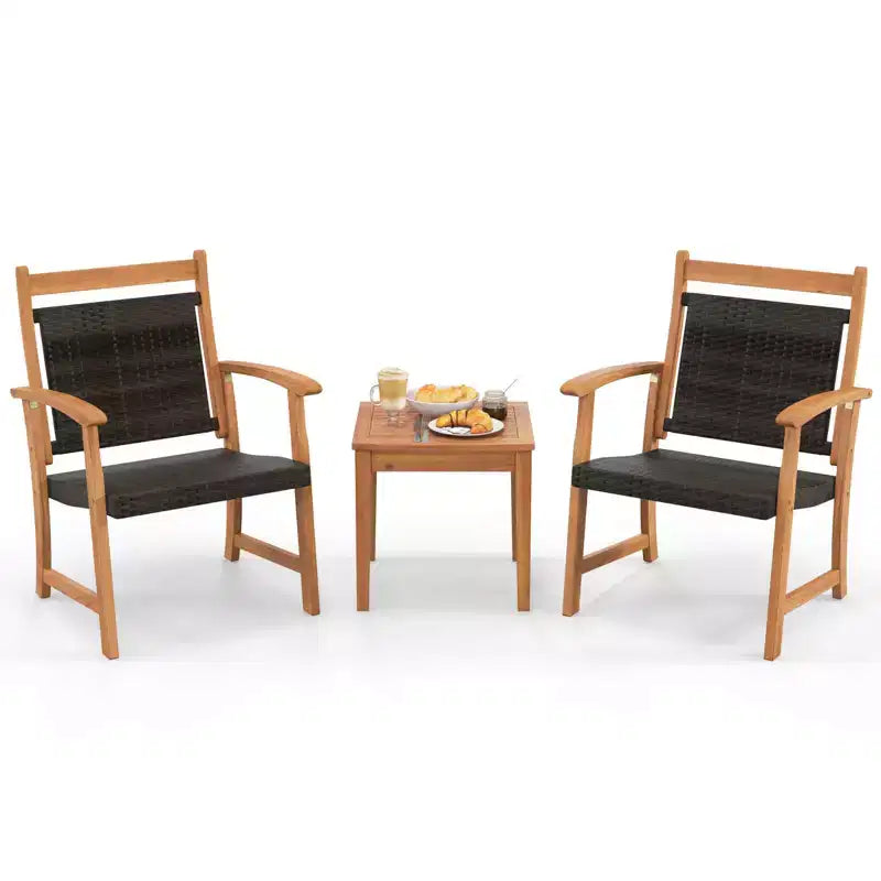 Costway Ensemble Bistro de Jardin 3 Pièces en Rotin avec Cadre en Bois d'Acacia et Fauteuils