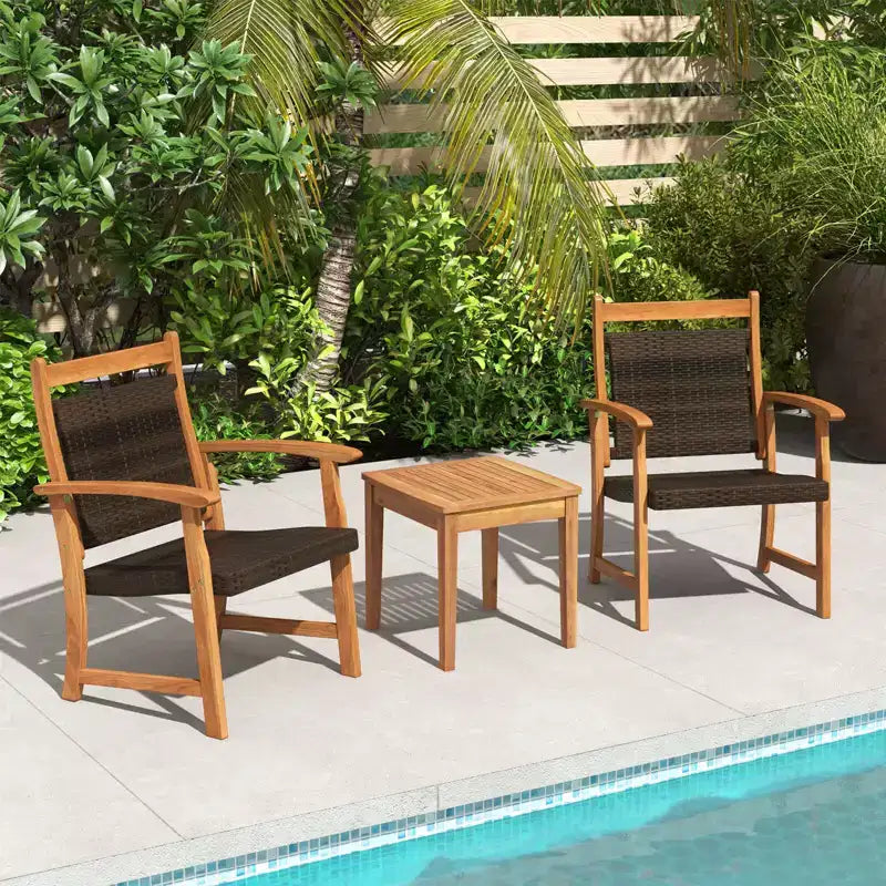 Costway Ensemble Bistro de Jardin 3 Pièces en Rotin avec Cadre en Bois d'Acacia et Fauteuils