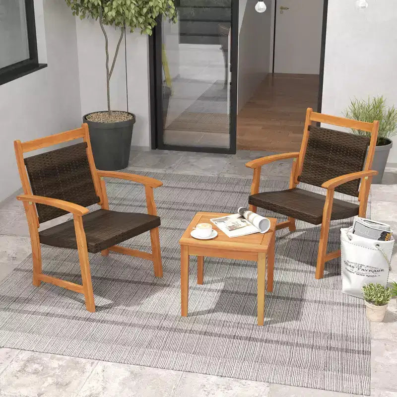 Costway Ensemble Bistro de Jardin 3 Pièces en Rotin avec Cadre en Bois d'Acacia et Fauteuils
