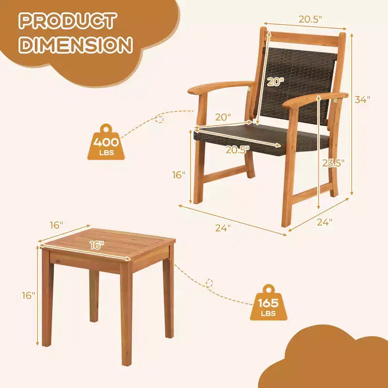 Costway Ensemble Bistro de Jardin 3 Pièces en Rotin avec Cadre en Bois d'Acacia et Fauteuils