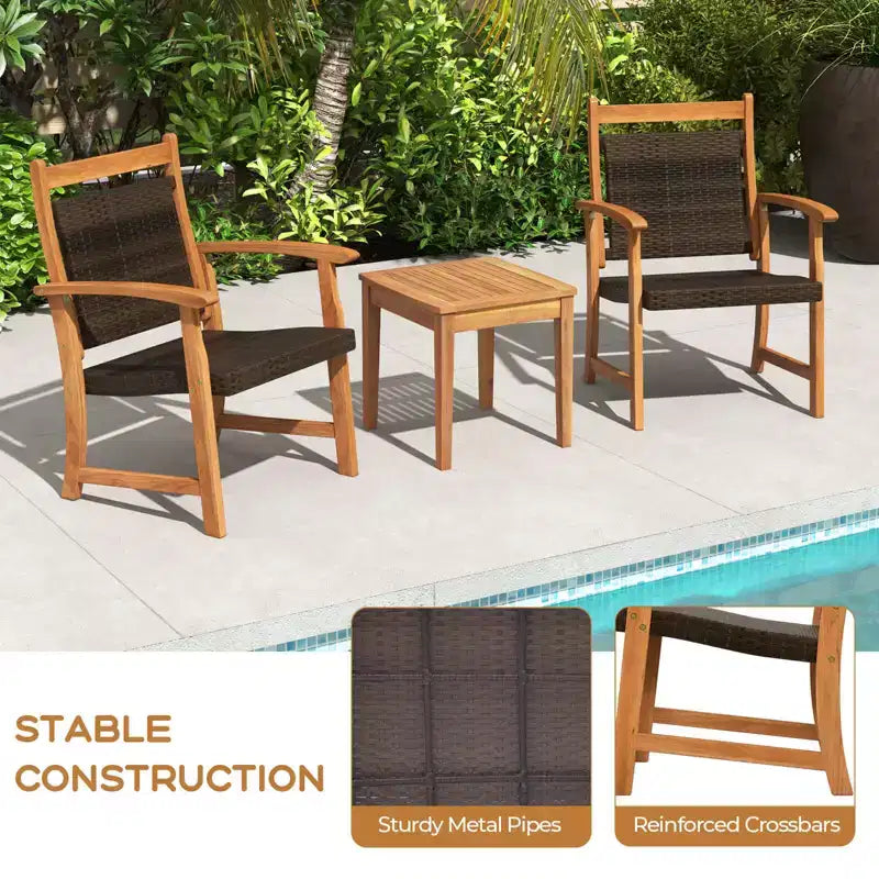 Costway Ensemble Bistro de Jardin 3 Pièces en Rotin avec Cadre en Bois d'Acacia et Fauteuils