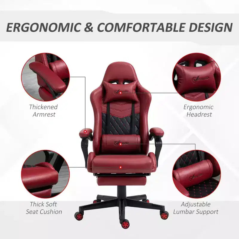 Chaise de Bureau Gamer Vinsetto Racing Gaming Chair en Cuir PU, avec Repose-Pieds, Support Lombaire et Hauteur Réglable