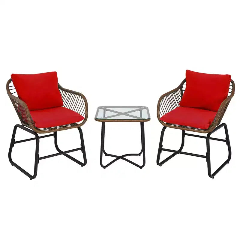 Costway Ensemble bistro de terrasse en rotin 3 pièces, chaise rembourrée, table en verre, terrasse, Blanc\Turquoise