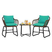 Costway Ensemble bistro de terrasse en rotin 3 pièces, chaise rembourrée, table en verre, terrasse, Blanc\Turquoise