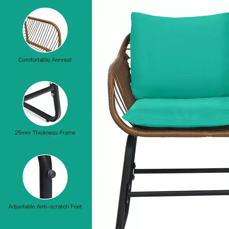 Costway Ensemble bistro de terrasse en rotin 3 pièces, chaise rembourrée, table en verre, terrasse, Blanc\Turquoise
