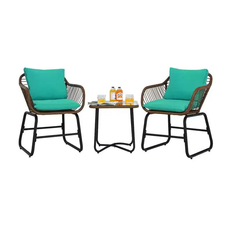 Costway Ensemble bistro de terrasse en rotin 3 pièces, chaise rembourrée, table en verre, terrasse, Blanc\Turquoise