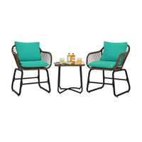 Costway Ensemble bistro de terrasse en rotin 3 pièces, chaise rembourrée, table en verre, terrasse, Blanc\Turquoise