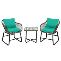 Costway Ensemble bistro de terrasse en rotin 3 pièces, chaise rembourrée, table en verre, terrasse, Blanc\Turquoise