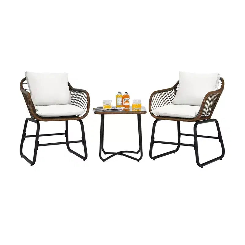 Costway Ensemble bistro de terrasse en rotin 3 pièces, chaise rembourrée, table en verre, terrasse, Blanc\Turquoise