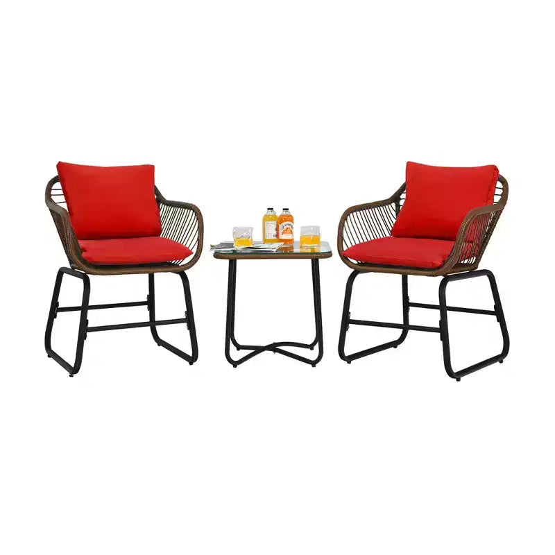 Costway Ensemble bistro de terrasse en rotin 3 pièces, chaise rembourrée, table en verre, terrasse, Blanc\Turquoise