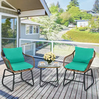 Costway Ensemble bistro de terrasse en rotin 3 pièces, chaise rembourrée, table en verre, terrasse, Blanc\Turquoise