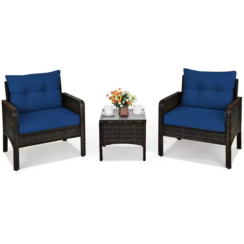 Costway Ensemble de Conversation en Rotin de 3 Pièces pour Extérieur, Fauteuil de Canapé Rembourré pour Jardin et Patio