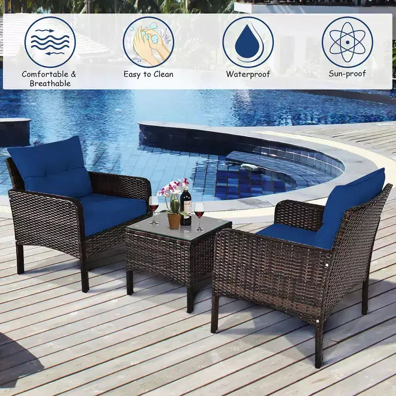 Costway Ensemble de Conversation en Rotin de 3 Pièces pour Extérieur, Fauteuil de Canapé Rembourré pour Jardin et Patio