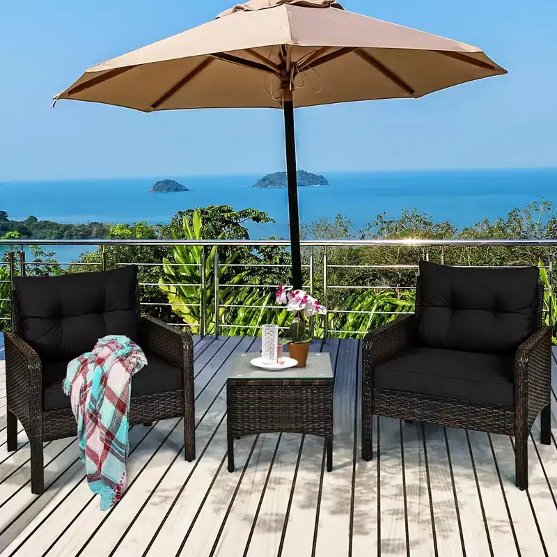 Costway Ensemble de Conversation en Rotin de 3 Pièces pour Extérieur, Fauteuil de Canapé Rembourré pour Jardin et Patio