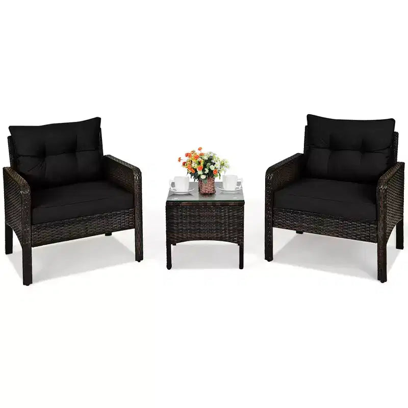 Costway Ensemble de Conversation en Rotin de 3 Pièces pour Extérieur, Fauteuil de Canapé Rembourré pour Jardin et Patio