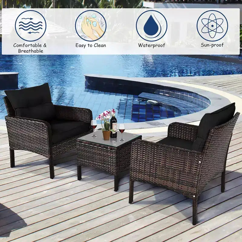 Costway Ensemble de Conversation en Rotin de 3 Pièces pour Extérieur, Fauteuil de Canapé Rembourré pour Jardin et Patio
